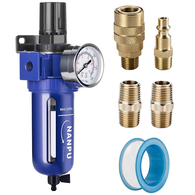 NANPU 3/8" NPT Compressed Air Filter Regulator, Zinc Alloy, 5 Micron Brass Element, 0-150 psi Gauge, Quick Release Bowl, Manual Drain, Metal Bracket - Image 1